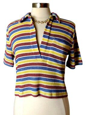 Zara Womens L Striped Polo Crop Ribbed Pocket Stretchy Bold Artsey Short Slv Chi